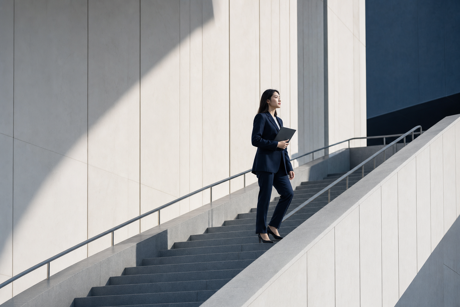 职业女性在现代建筑阶梯上前行